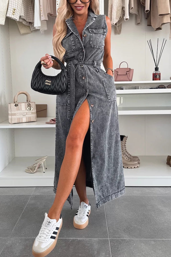 Cardydony Women's Solid Color Sleeveless Single Breasted Waist Tie Casual Pocket Denim Midi Dress