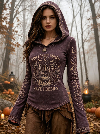 Cardydony Women's Retro Halloween Letter Sun Moon Plant Bat Print Hoodie