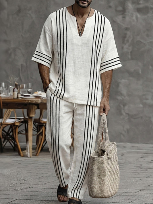 Cardydony Men's Casual Summer 100% Cotton Striped Matching Set