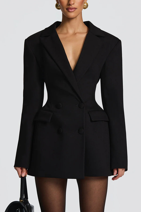 Cardydony Women's Elvira Double-breasted Long Sleeve Adjustable Back Belt Lapel Blazer Mini Dress