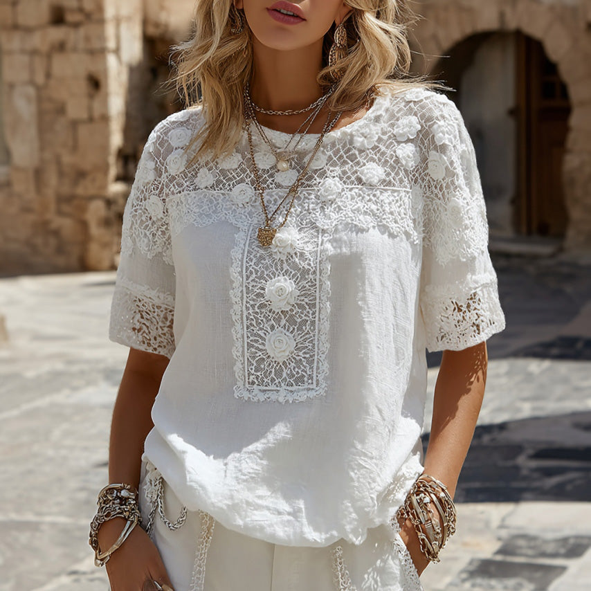 Cardydony Women's Vintage Rose Floral Embroidery Linen Blend T-shirt