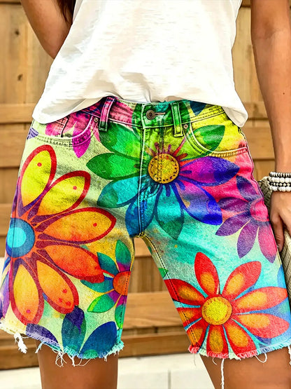 Cardydony Women's Retro Rainbow Floral Print Denim Shorts