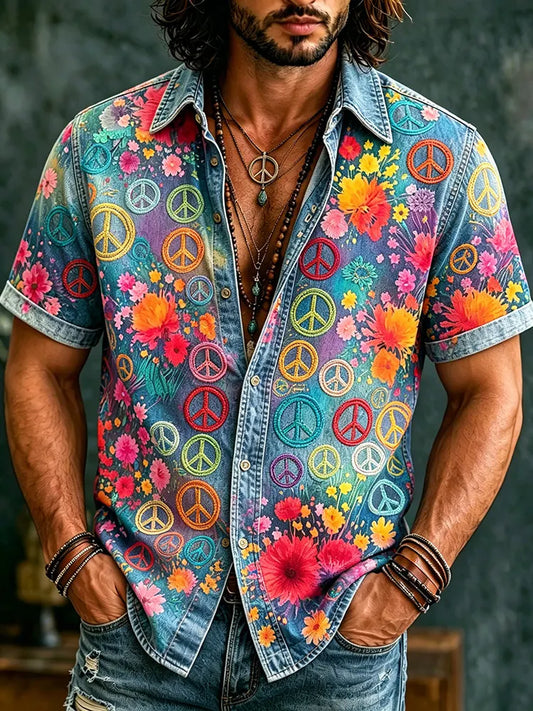 Cardydony Men's Retro Hippie Peace With Floral Graffiti Art Pattern Casual Washed Shirt