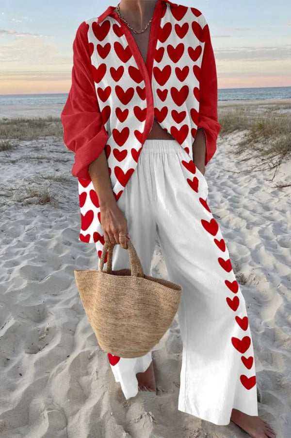 Cardydony Women's Heart-Print Loose-fitting Shirt and Elastic Waistband Pocket Pants Set