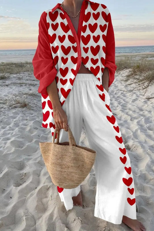 Cardydony Women's Heart-Print Loose-fitting Shirt and Elastic Waistband Pocket Pants Set
