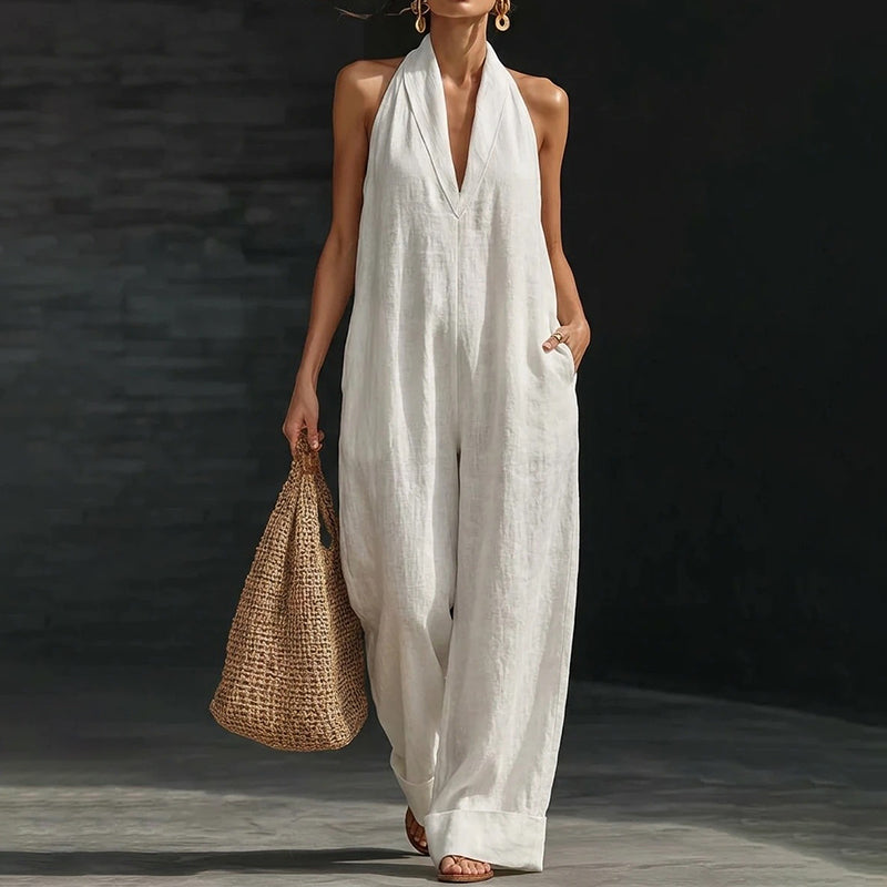 Cardydony Women's Solid Color Sleeveless Linen Blend Jumpsuit