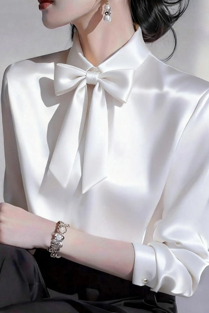 Cardydony Women's  Solid Color Lapel Bow Tie Long-sleeved Casual Shirt
