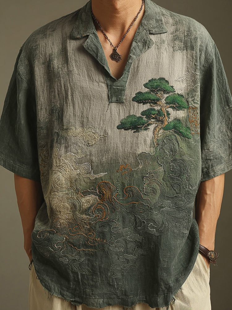 Cardydony Men's Retro Landscape Embroidery Casual Lapel Short Sleeve Shirt