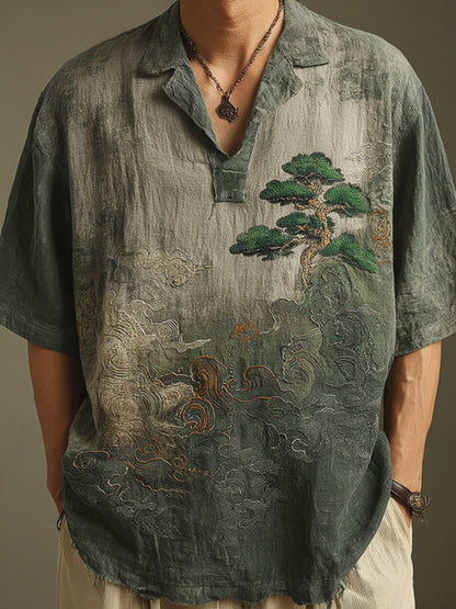 Cardydony Men's Retro Landscape Embroidery Casual Lapel Short Sleeve Shirt