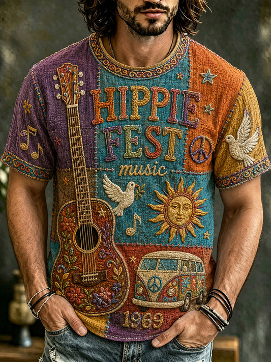 Cardydony Men's Hippie Peace Sign And Guitar Art Patchwork Print T-shirt