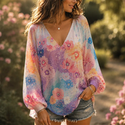 Cardydony Women's Boho Watercolor Pastel Floral Print Long Sleeve V-neck Blouse