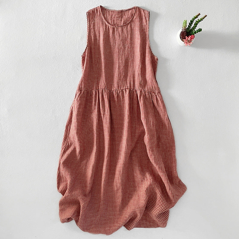 Cardydony Women's Plaid Pattern Linen Blend Sleeveless Dress