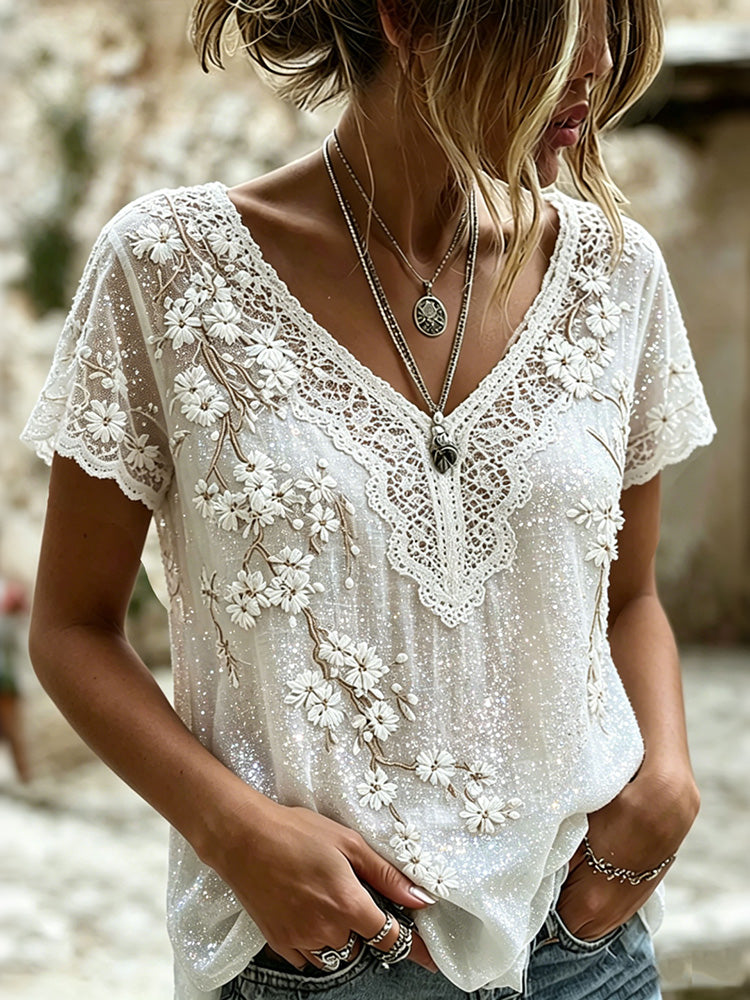 Cardydony Women's Vintage Floral Art V Neck Casual Linen Blend Top