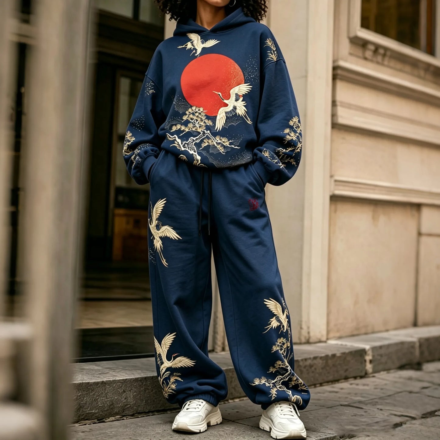 Cardydony Women's Vintage Japanese Crane Art Print Hoodie Two Piece Set