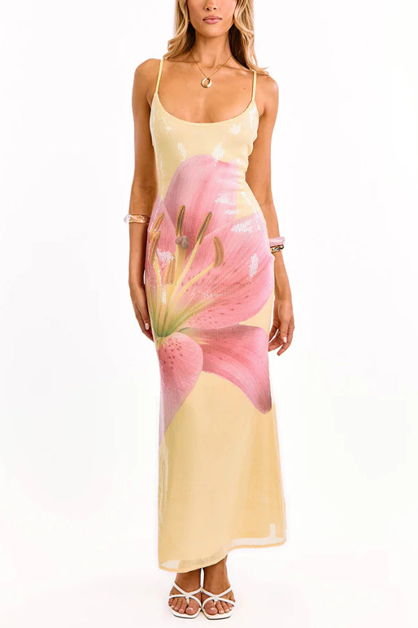 Cardydony Women's Floral Print Fashion Sequined Spaghetti Strap Backless Slim Fit Vacation Maxi Dress