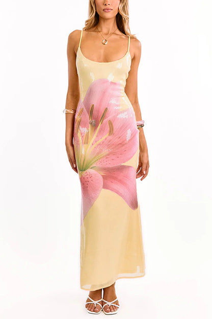 Cardydony Women's Floral Print Fashion Sequined Spaghetti Strap Backless Slim Fit Vacation Maxi Dress