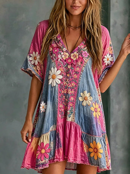 Cardydony Women's Retro Floral Ethnic Cotton Linen Dress