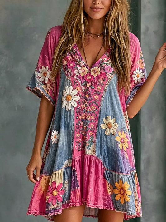 Cardydony Women's Retro Floral Ethnic Cotton Linen Dress