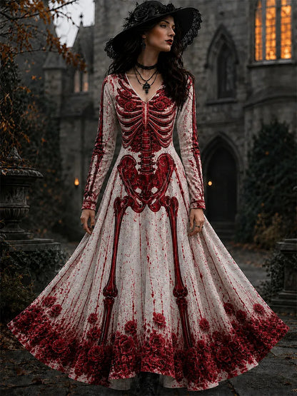 Cardydony Women's Halloween Retro Gothic Skull Floral Print V-neck Maxi Dress