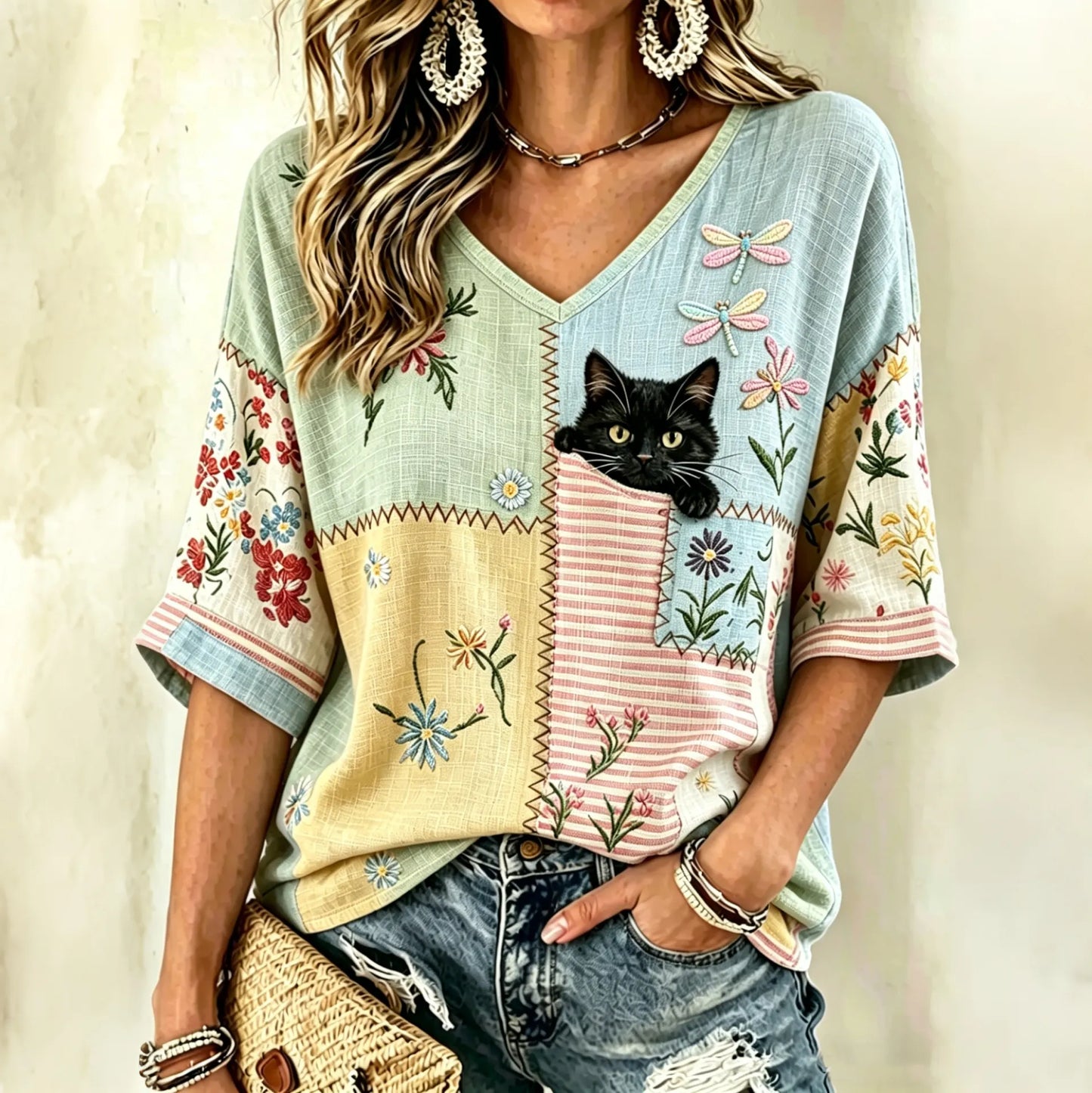 Cardydony Women's Vintage Hippie Cute Black Cat And Dragonfly Art Print Embroidered Art Flowy Linen Blend Three Quarter Sleeves T-shirt