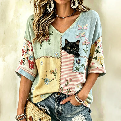 Cardydony Women's Vintage Hippie Cute Black Cat And Dragonfly Art Print Embroidered Art Flowy Linen Blend Three Quarter Sleeves T-shirt