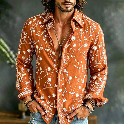 Cardydony Men's Spring Summer Floral Embroidered Art Print Flowy Linen Blend Shirt