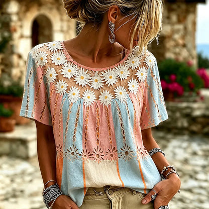 Cardydony Women's Bohemian Chrysanthemum Hollow-out Comfortable Crew Neck T-shirt