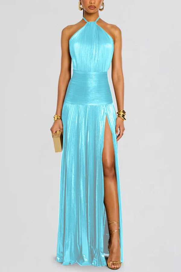 Cardydony Women's Glamorous Metallic Pleated Fabric Open Back Halter Slit Maxi Dress