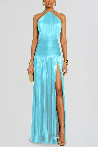 Cardydony Women's Glamorous Metallic Pleated Fabric Open Back Halter Slit Maxi Dress