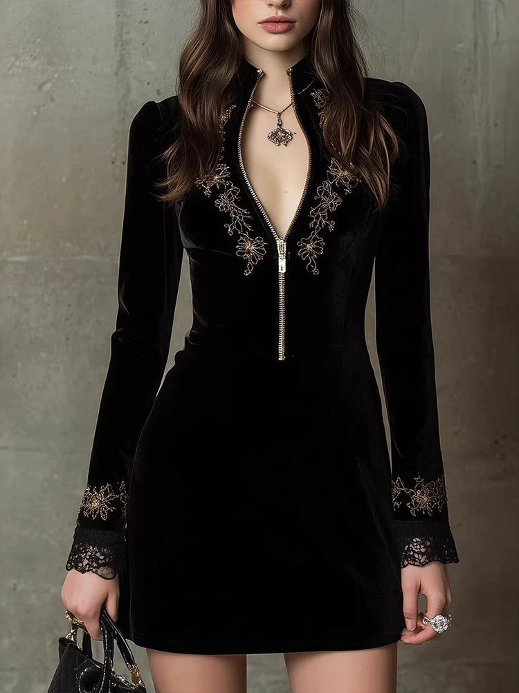 Cardydony Retro Velvet Embroidered Lace V-neck Long-sleeve Dress