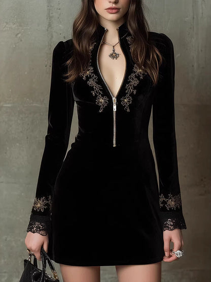 Cardydony Retro Velvet Embroidered Lace V-neck Long-sleeve Dress
