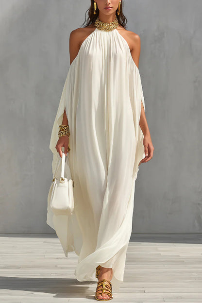 Cardydony Women's Fashionable Chiffon Metal Halter Neck Off-shoulder Elegant Loose-fitting Holiday Maxi Dress
