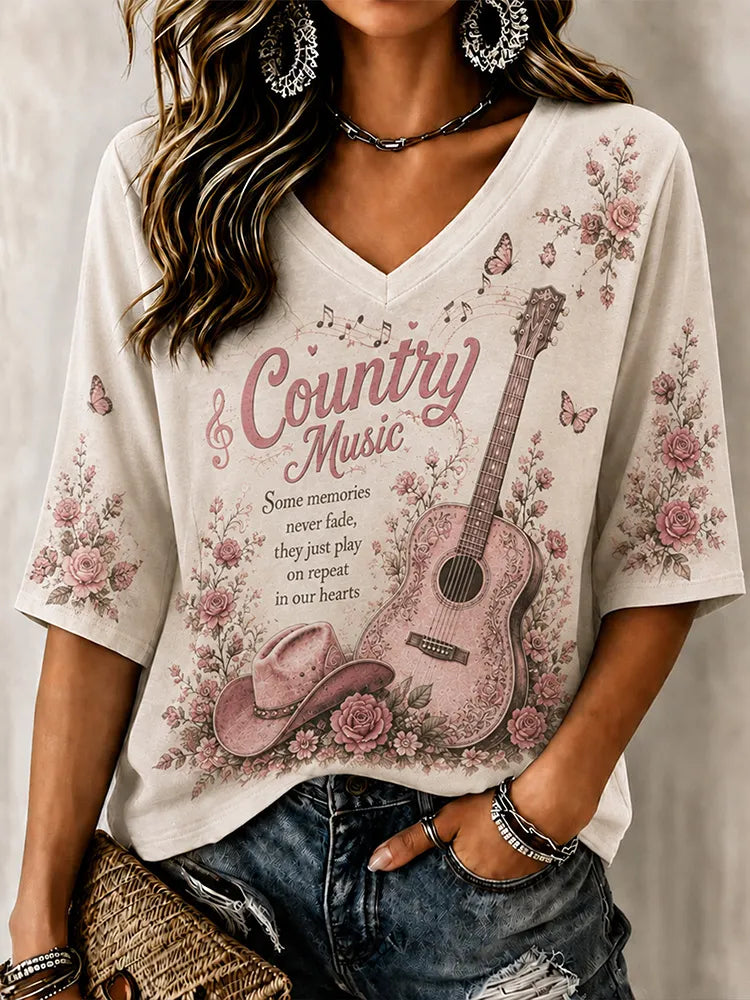 Cardydony Vintage Rose Guitar Cowboy Hat Print Country Music V-neck Mid-sleeve Printed T-shirt