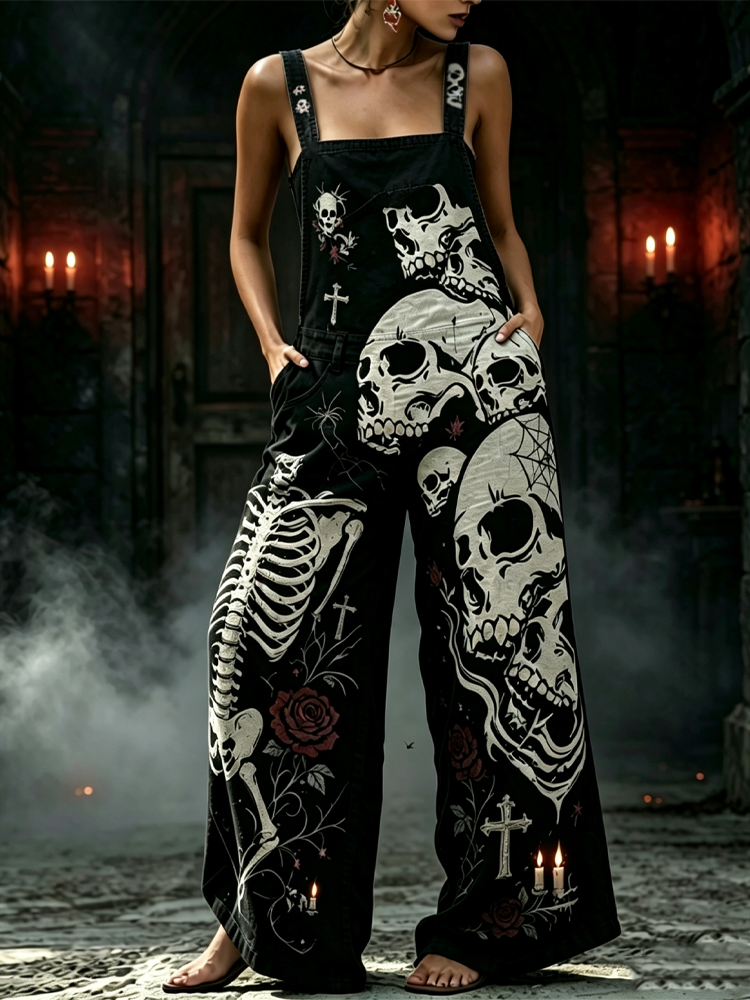 Cardydony Women's Gothic Style Halloween Skull Skeleton Rose Strap Overalls Jumpsuit