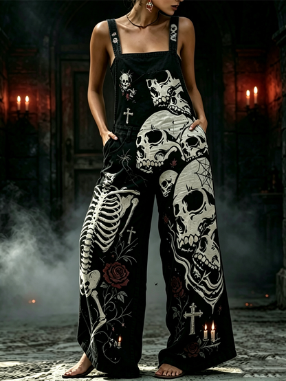 Cardydony Women's Gothic Style Halloween Skull Skeleton Rose Strap Overalls Jumpsuit