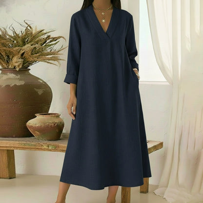 Cardydony Women's Elegant V-neck Linen-cotton Maxi Dress