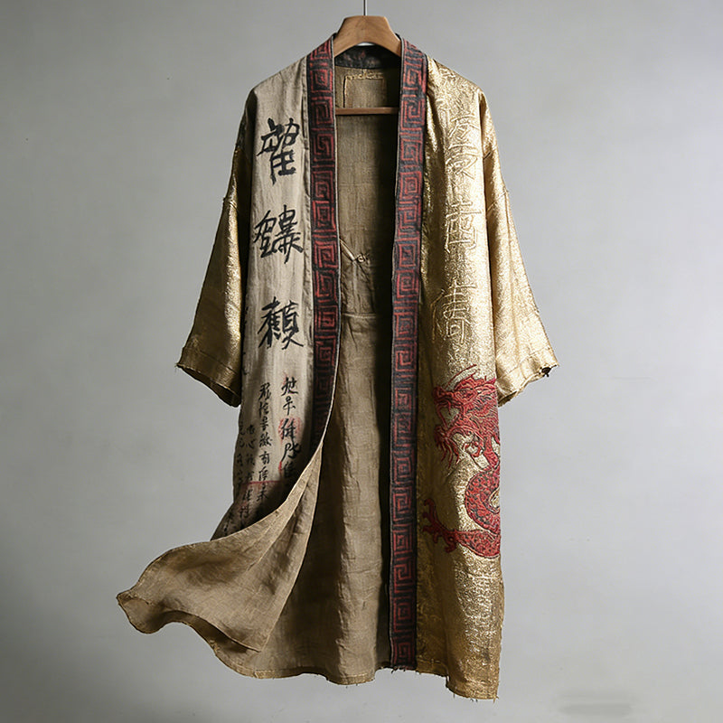 Cardydony Men's Japanese Dragon Pattern Calligraphy And Painting Art Linen Long Kimono