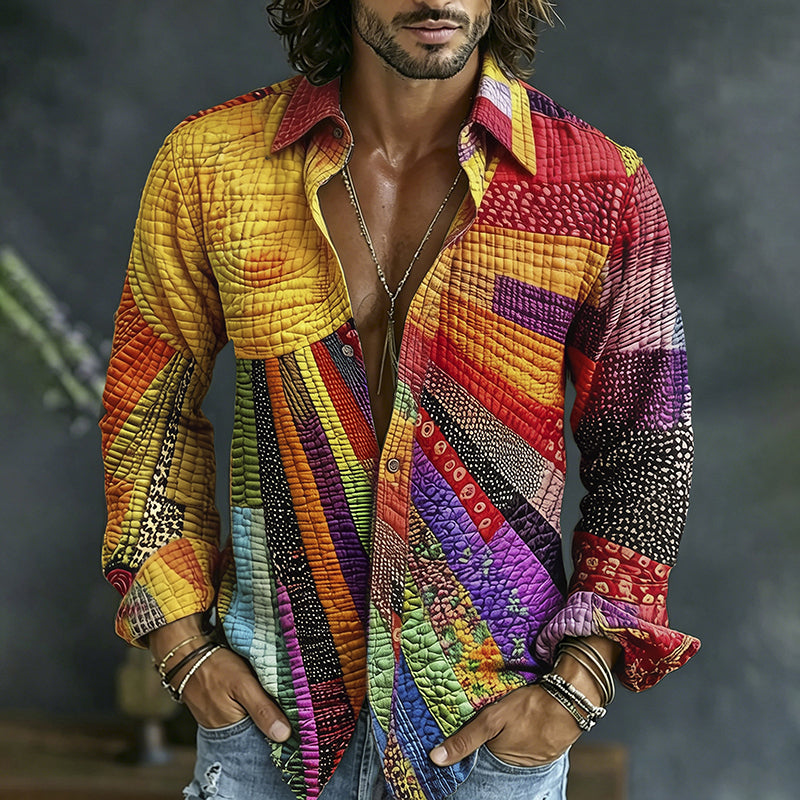 Cardydony Men's Causal Spring Hippie Vibe Colorful Sun Collage Art Print Flowy Linen Blend Shirt
