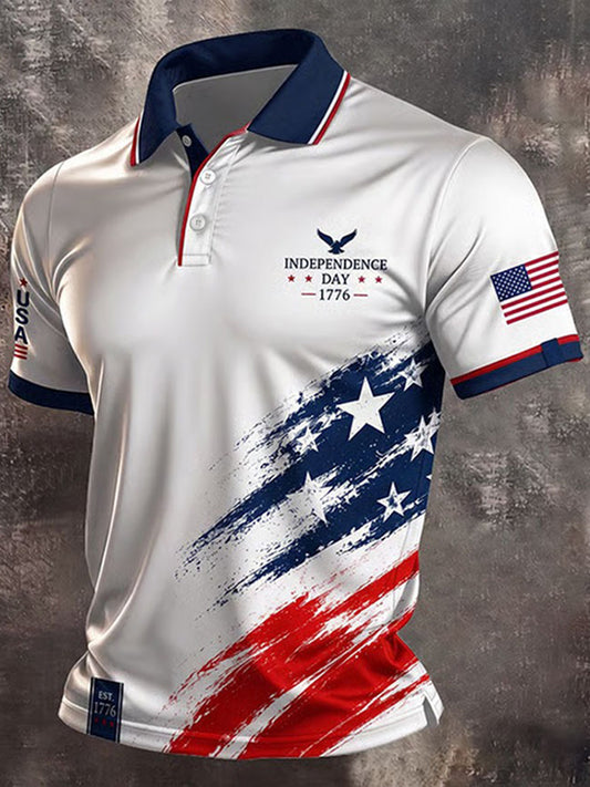 Cardydony Men's Independence Day America Flag Print Casual Polo Shirt