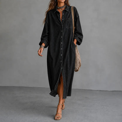 Cardydony Elegant Casual Single-breasted Collar Shirt Maxi Dress