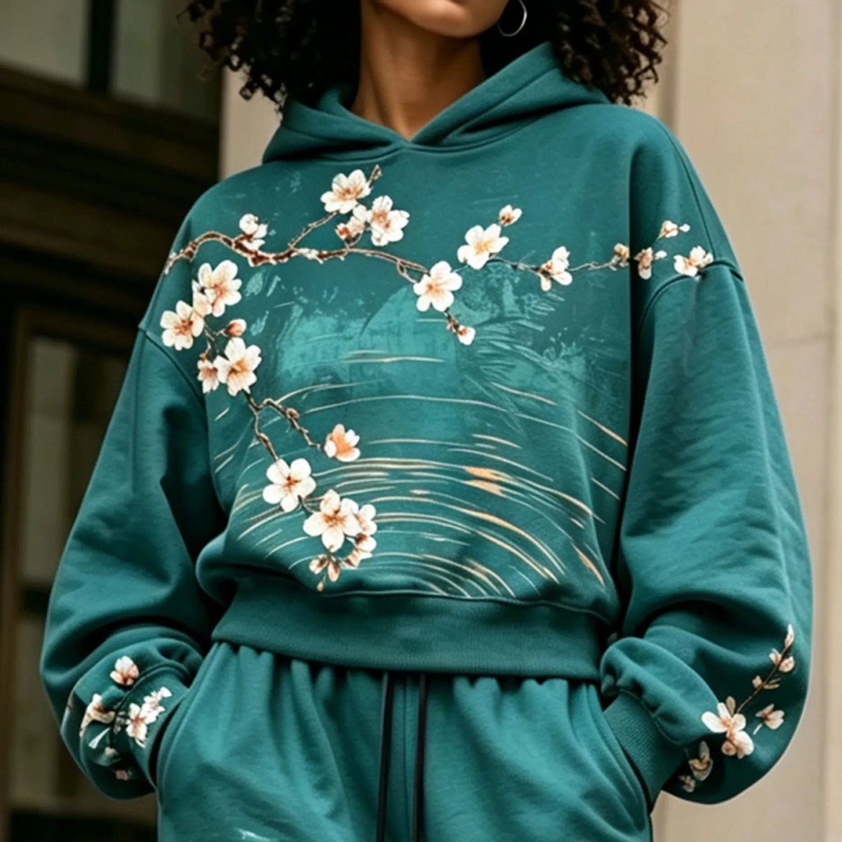 Cardydony Women's Vintage Japanese Cherry Blossom Art Print Hoodie Two Piece Set