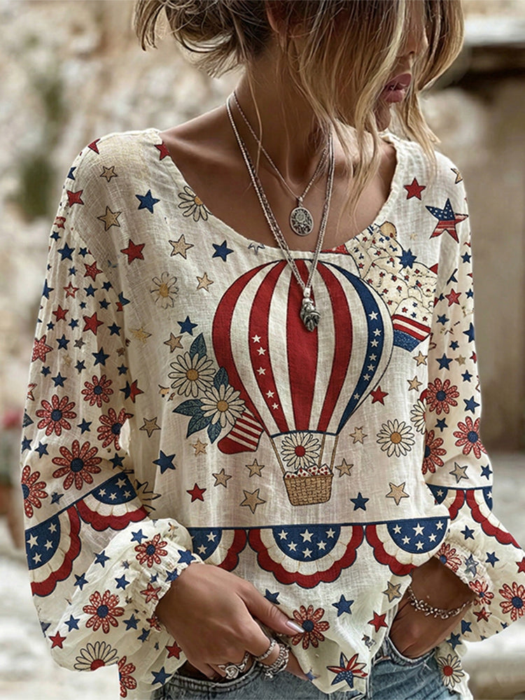 Cardydony Women's Vintage Independence Day Art Print Linen Blend T-shirt