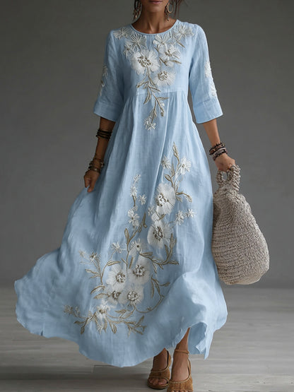 Cardydony Japanese Floral Art Embroidered Casual Linen Maxi Dress
