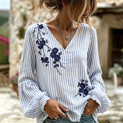 Cardydony Vintage Plum Bossom With Stripe Art Casual V Neck Linen Tops