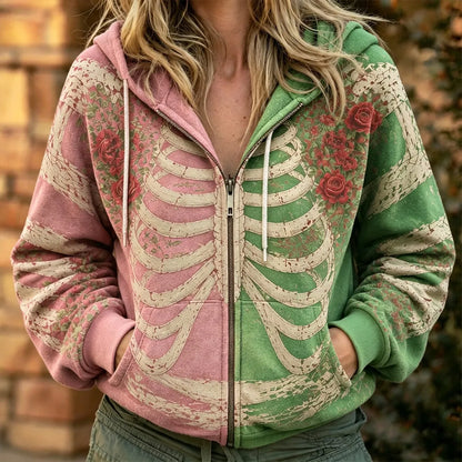 Cardydony Women's Retro Halloween Human Structure Art Gradient Pattern Zipper Hoodie