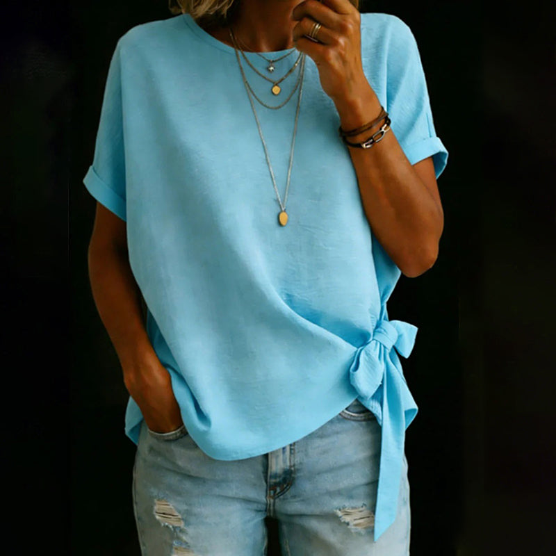 Cardydony Women's Vintage Bow-tie Short Sleeves Round Neck Linen T-shirt