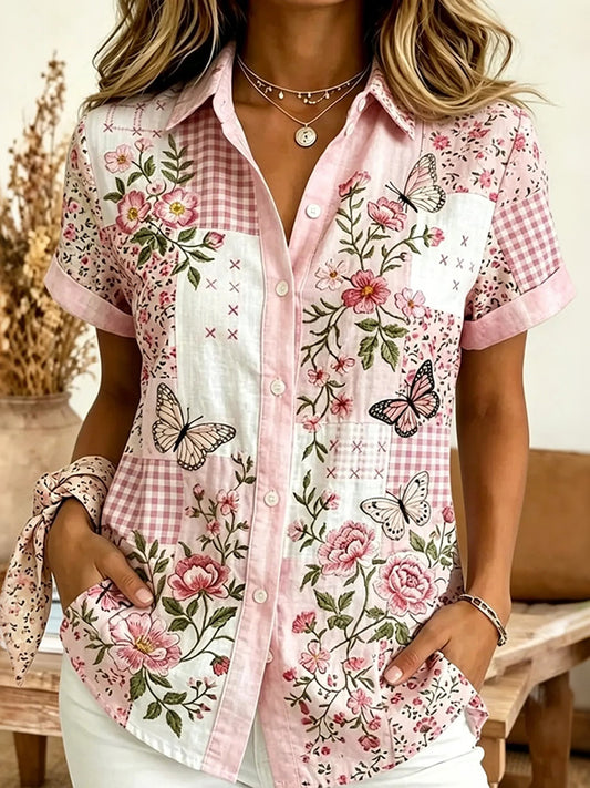 Cardydony Women's Bohemian Butterfly Floral Patchwork Print Linen Blend Casual Tops