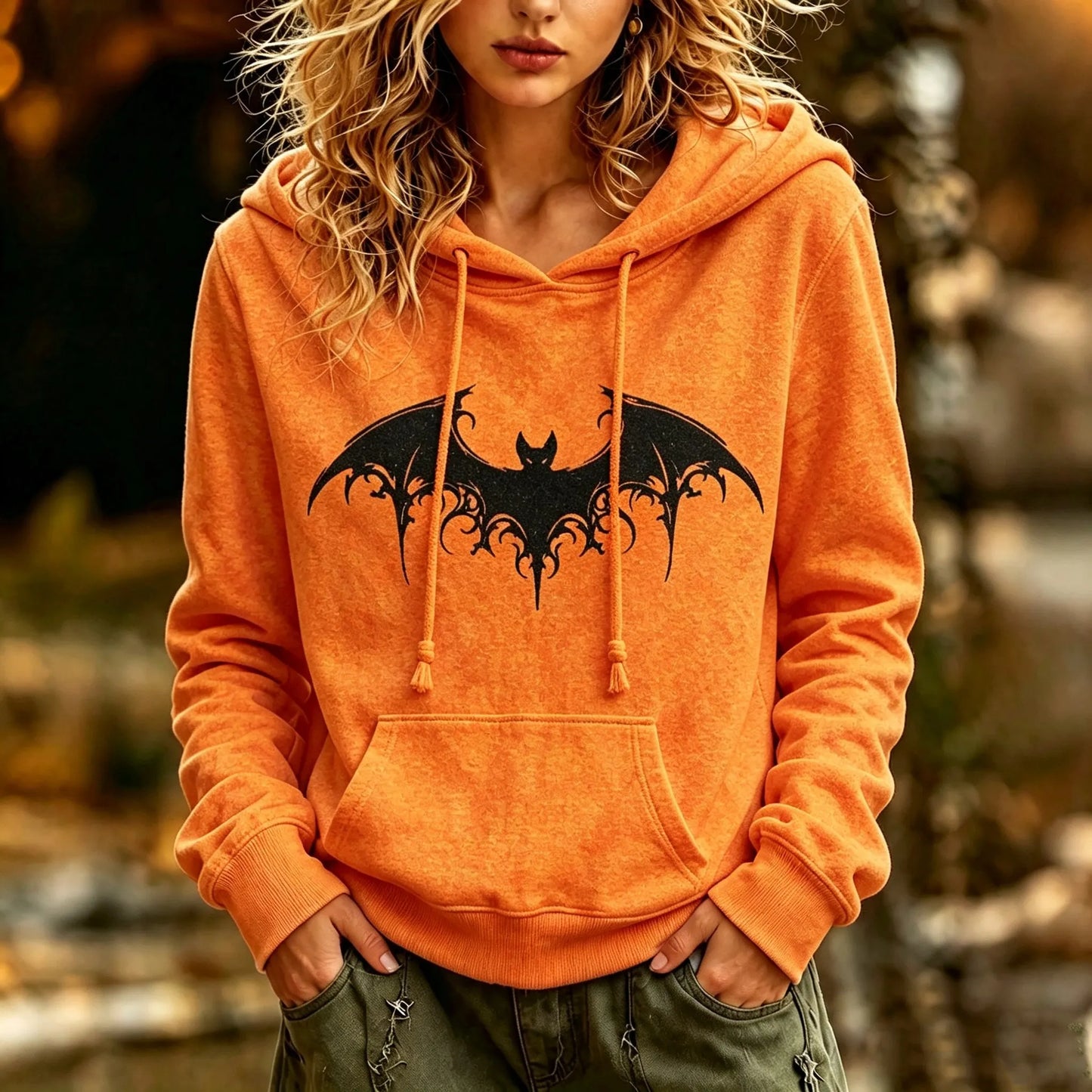 Cardydony Women's Retro Halloween Style Bat Print Hoodie