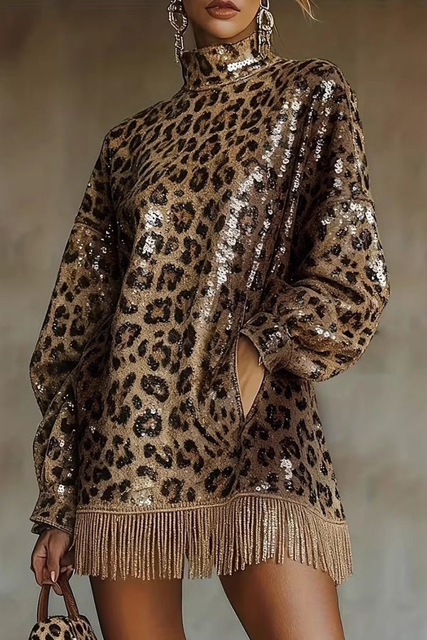 Cardydony Women's Stylish Leopard Print Sequined Turtleneck Long-sleeved Tassel Hem Loose Mini Dress