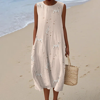 Cardydony Retro Cute Dalmatian Dog Art Linen Tank Midi Dress